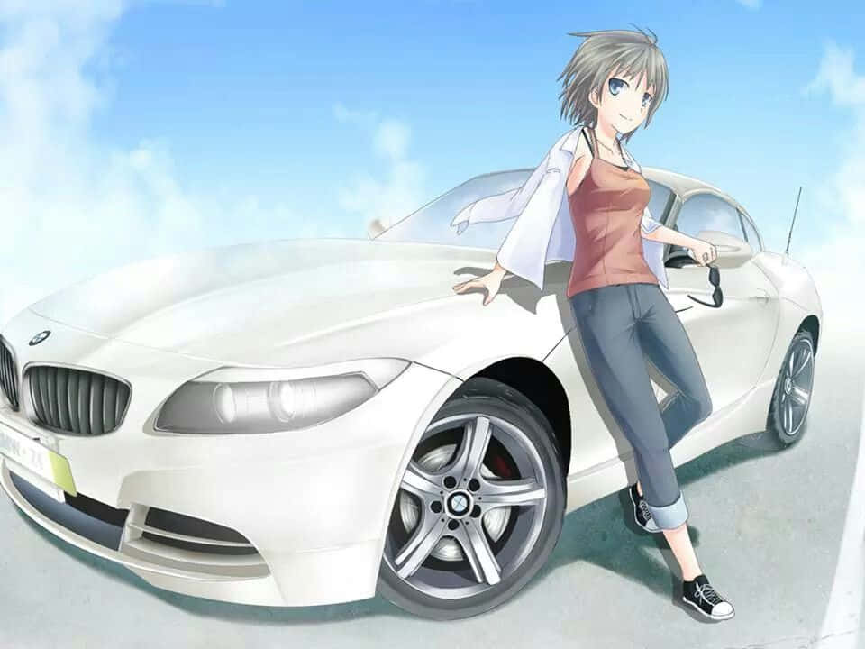 準備在動漫車中迎接夜間出遊 壁紙 — 一個開心的動漫女孩靠在一輛白色寶馬跑車旁，背景是晴朗的藍天和蓬鬆的白雲。