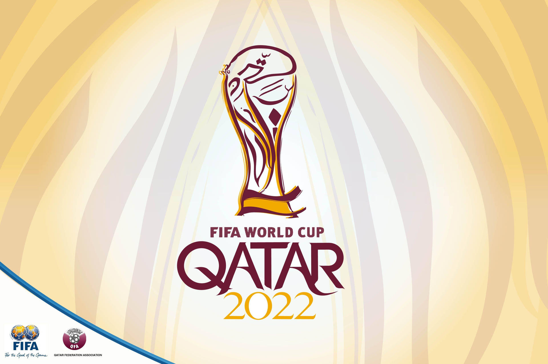 FIFA世界盃卡塔爾2022官方標誌，金色波浪背景和徽章。