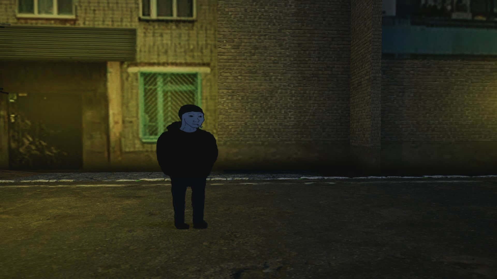 一個孤獨的人夜晚站在黑暗的城市小巷中，黃色街燈下。
