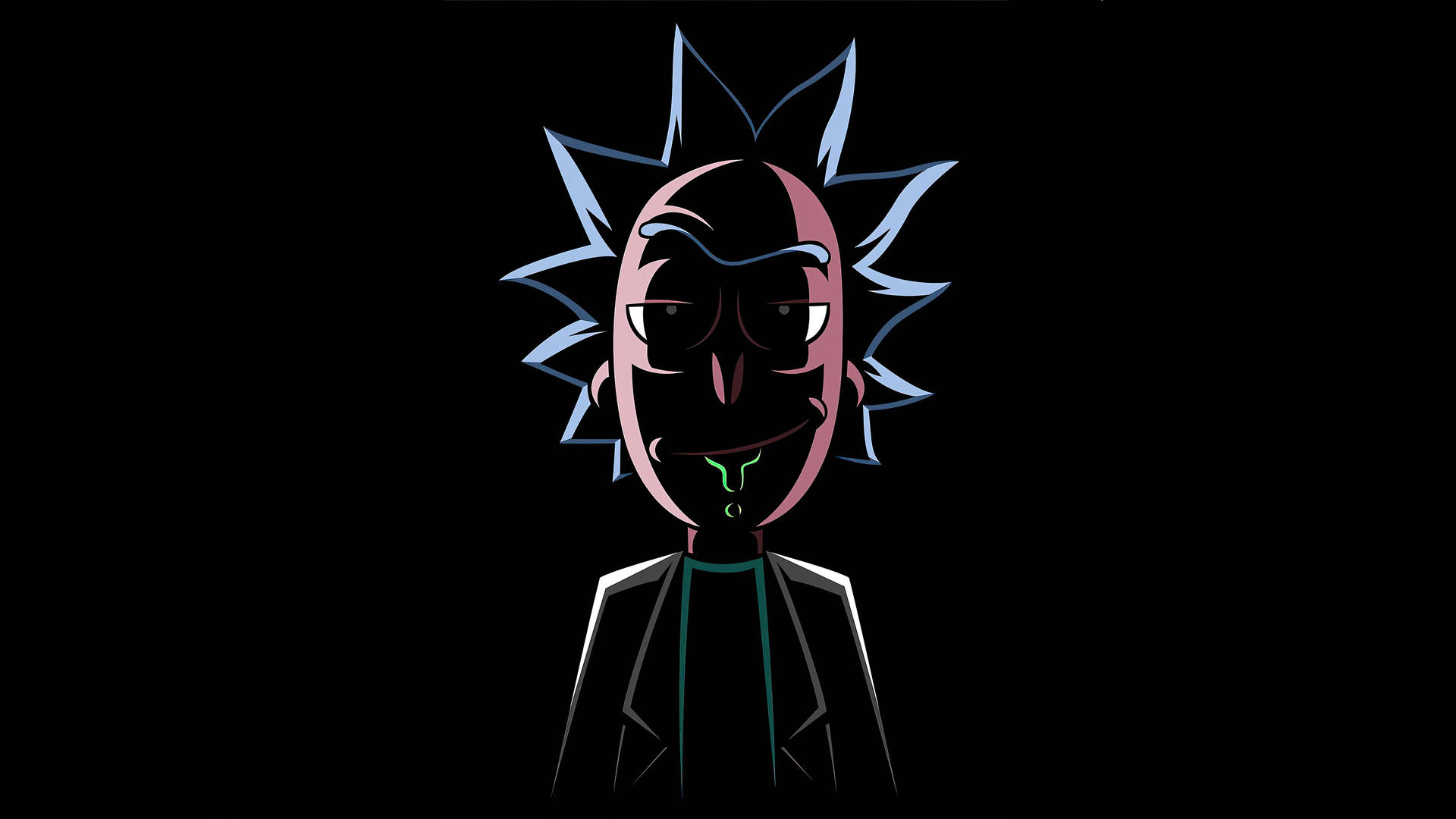 動畫角色 Rick，擁有尖刺藍色頭髮和冷笑，身穿黑色外套。