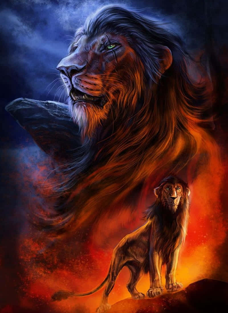 「準備好」——《獅子王》中的刀疤 壁紙 — 一頭雄偉的獅子王，擁有發光的綠色眼睛，站在熾熱的岩石上，鬃毛在風暴暮色天空中燃燒。
