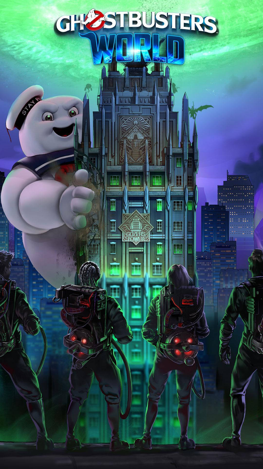 Ghostbusters 團隊裝備齊全，在夜晚的霓虹城市中面對鬼塔和 Stay Puft 棉花糖人。