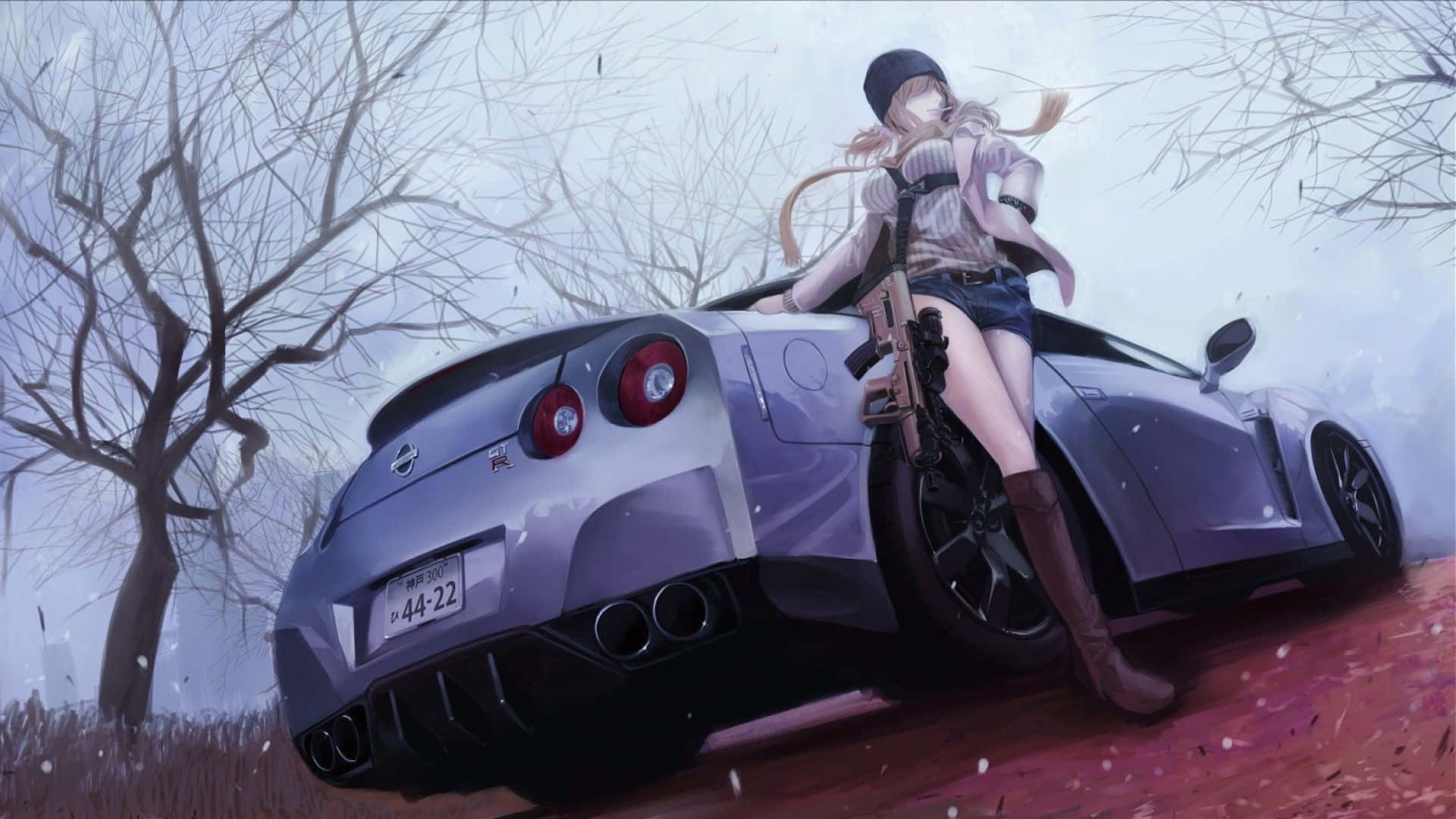持槍的動漫女孩在雪地森林中靠著銀色跑車。