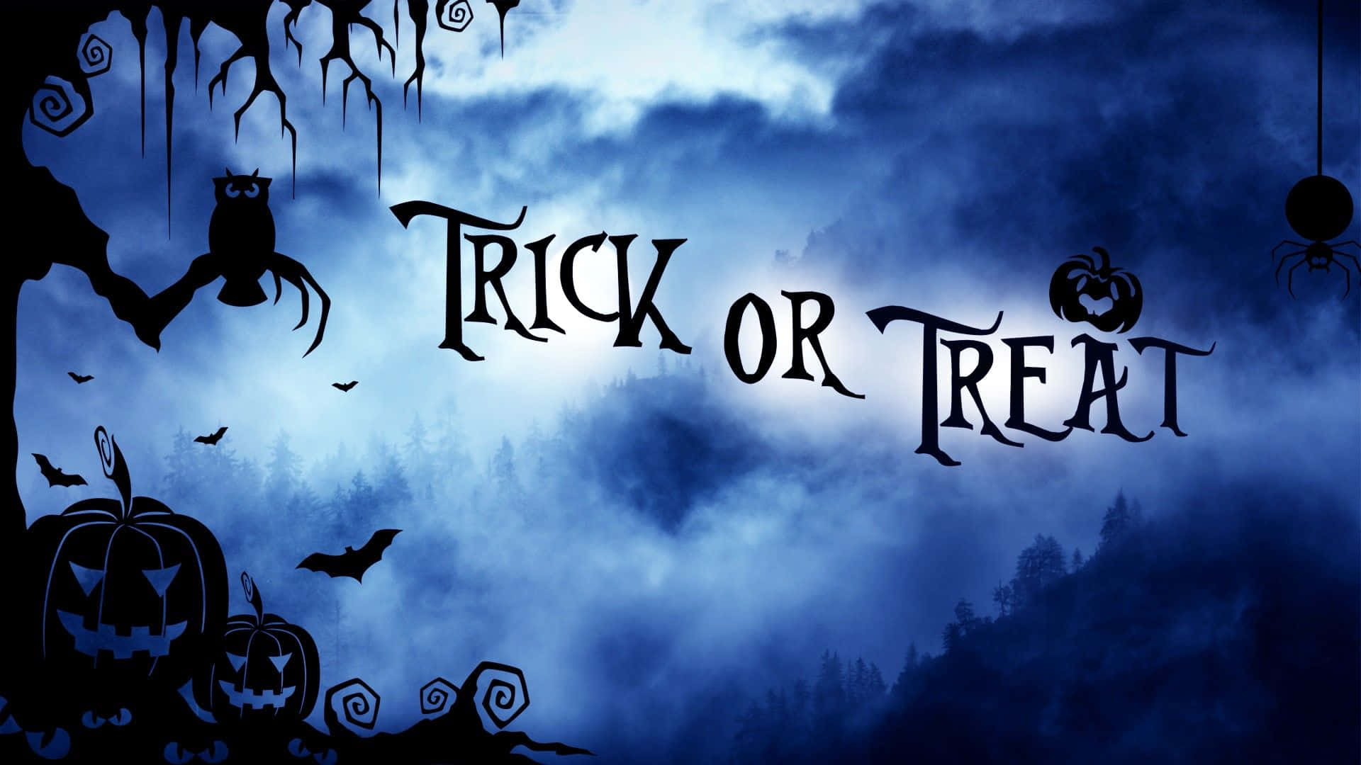 萬聖節場景，南瓜、蝙蝠和貓頭鷹在深藍色天空下，帶有「Trick or Treat」文字。