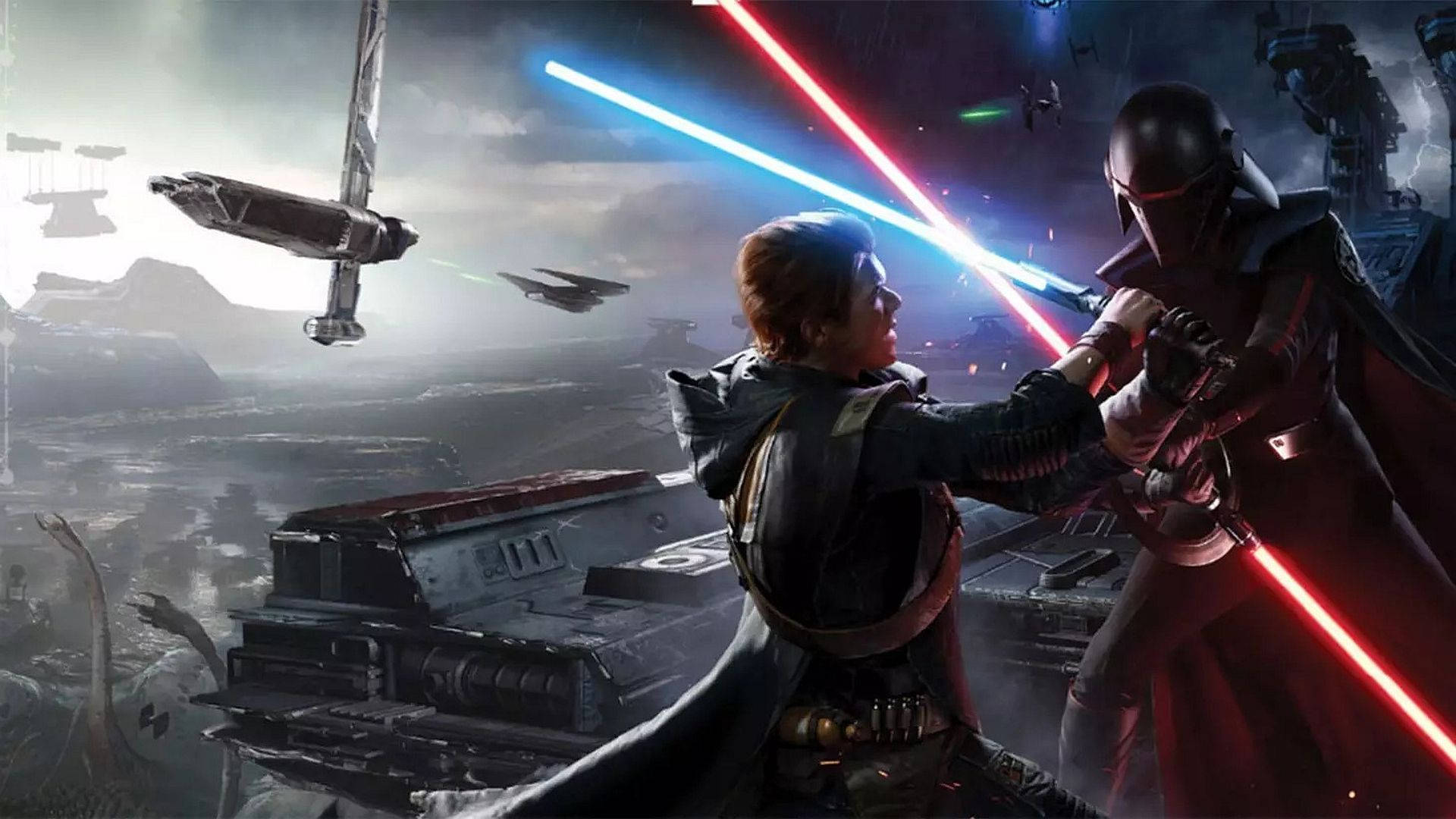 兩個角色在一個毀滅的星球上，用發光的光劍決鬥，星際戰鬥機在飛翔。