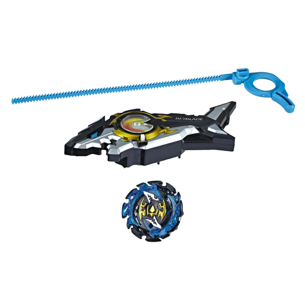 Beyblade玩具套裝，包括發射器和旋轉陀螺，白色背景