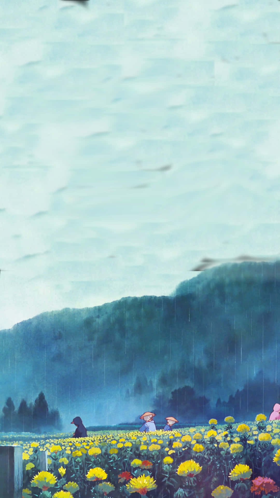 兩個戴帽嘅人喺雨中喺黃色花田度行，後面有山。