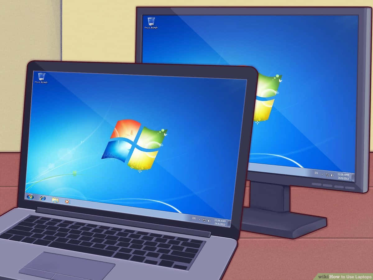 準備好以筆電高效完成任務 壁紙 — 兩部電腦顯示經典的Windows 7桌布，背景有藍天和彩色視窗標誌。