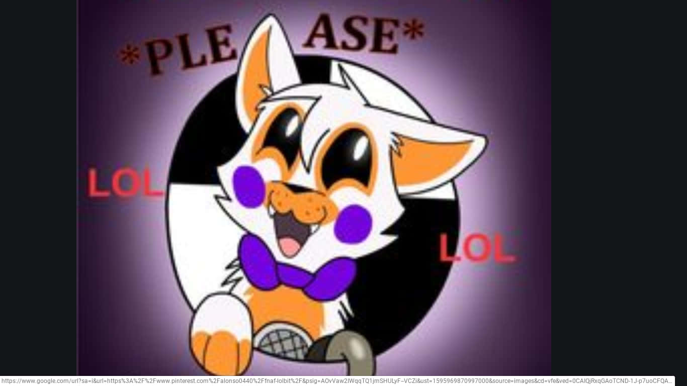 卡通狐狸，紫色臉頰和蝴蝶結，笑著帶有「LOL」和「*PLEASE*」文字。