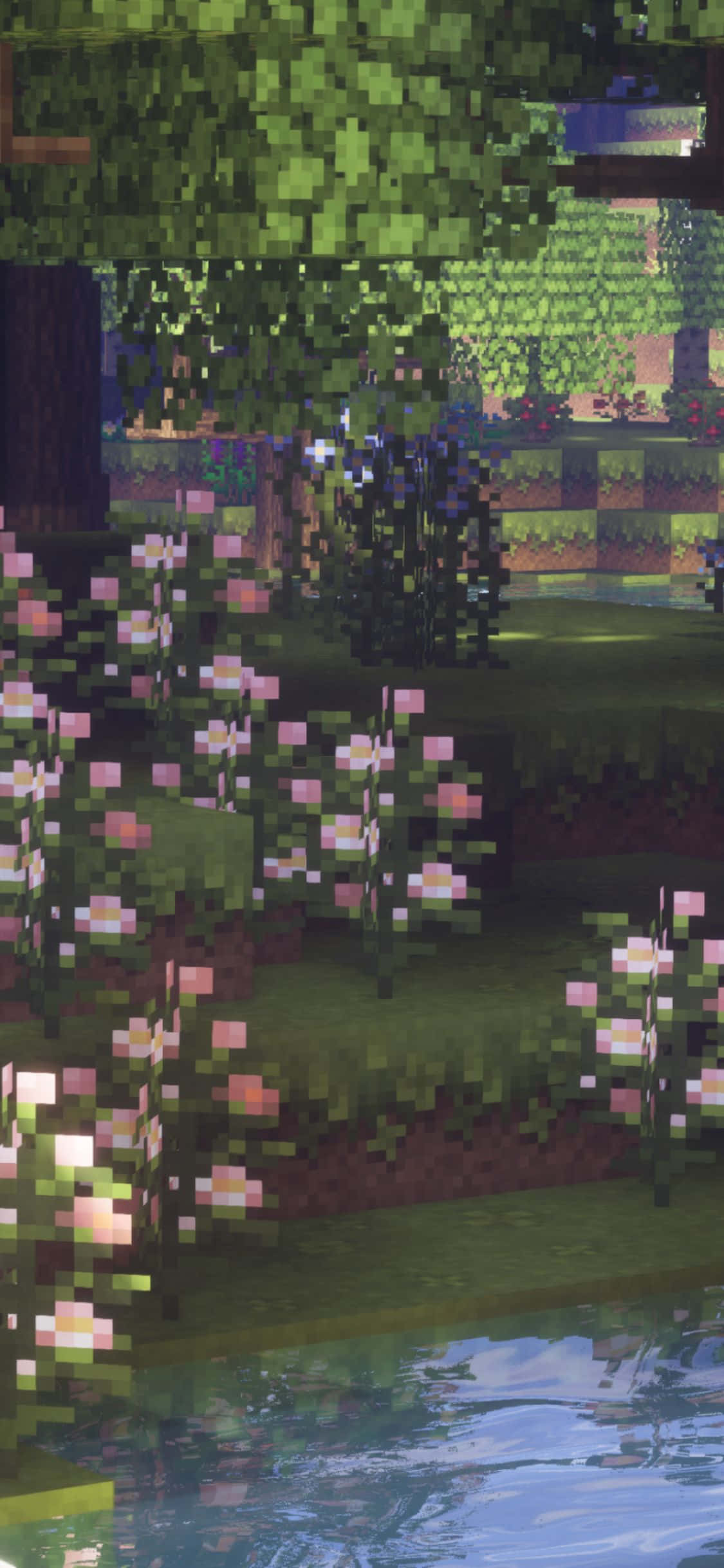 準備好冒險吧！全新 iPhone Xs Minecraft 遊戲 壁紙 — 像素化花園場景，有粉紅色花朵、綠色樹木和倒映天空的水面，Minecraft風格。