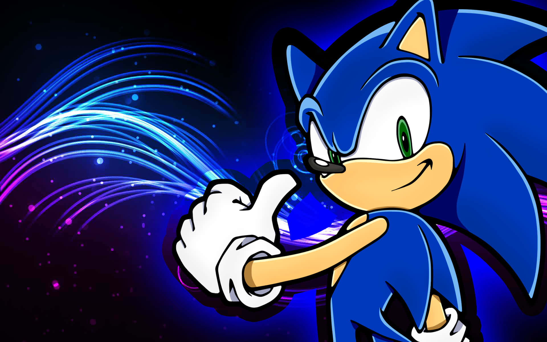 準備好出發了！ 壁紙 — Sonic the Hedgehog 在宇宙藍色和紫色能量漩渦背景下自信地豎起大拇指。