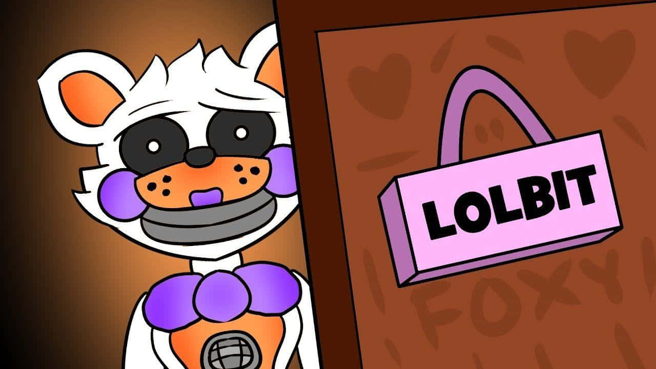 卡通狐狸角色喺一扇標有「LOLBIT」同心形圖案嘅門旁邊偷睇。