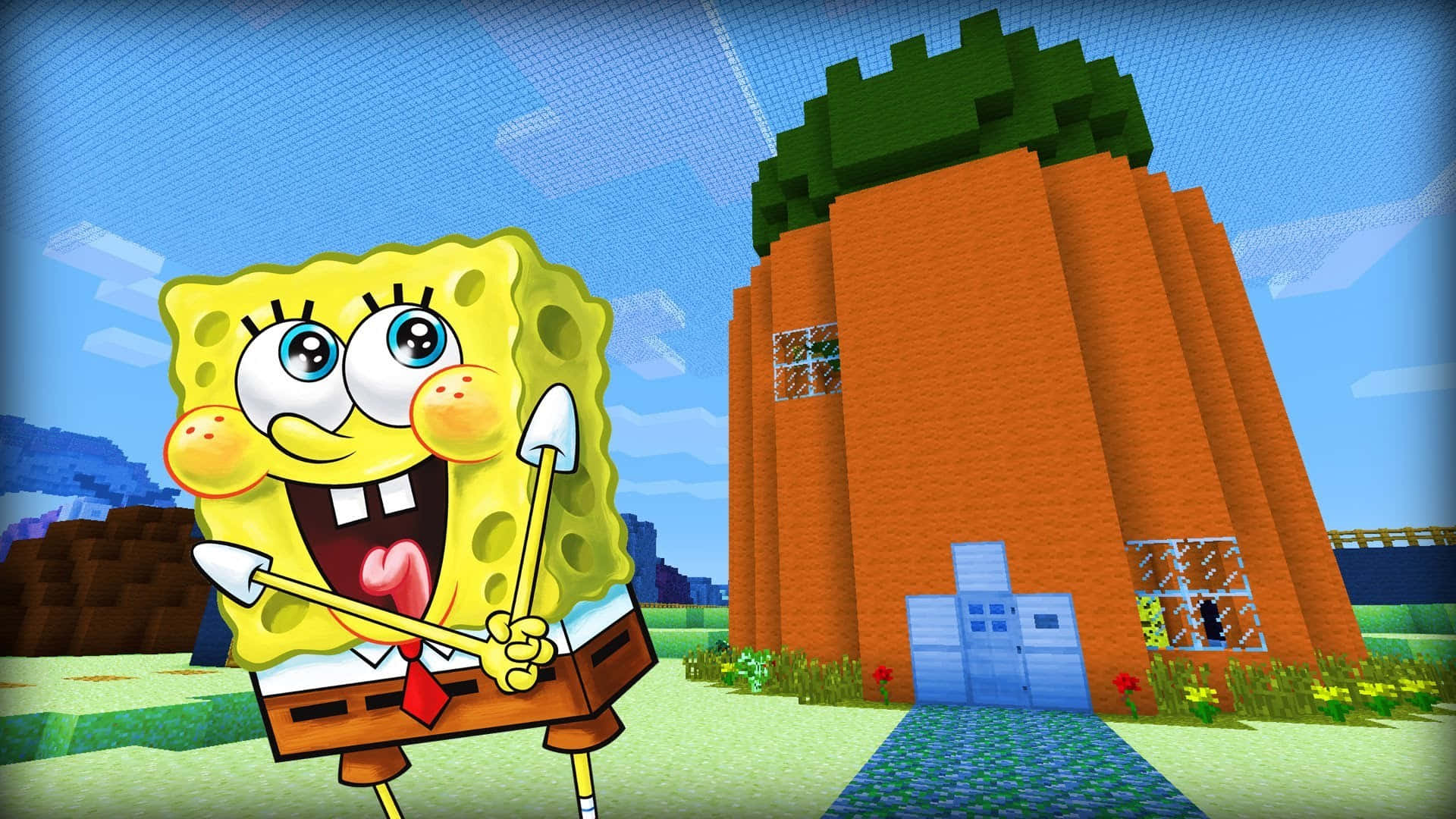 海綿寶寶微笑著站在他的胡蘿蔔形狀房子前，拿著鏟子，身處Minecraft風格景觀中。