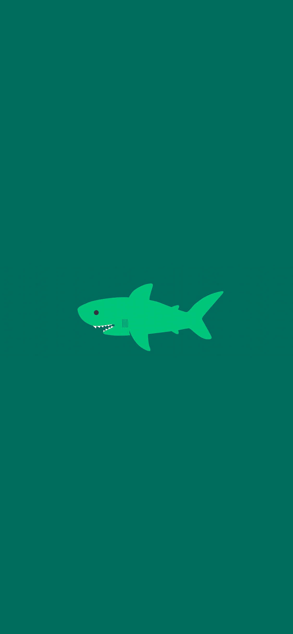 準備好嚐鮮最新科技熱潮 — Shark iPhone 壁紙 — 一個極簡風格的綠色鯊魚圖示在純青色背景中央游動。