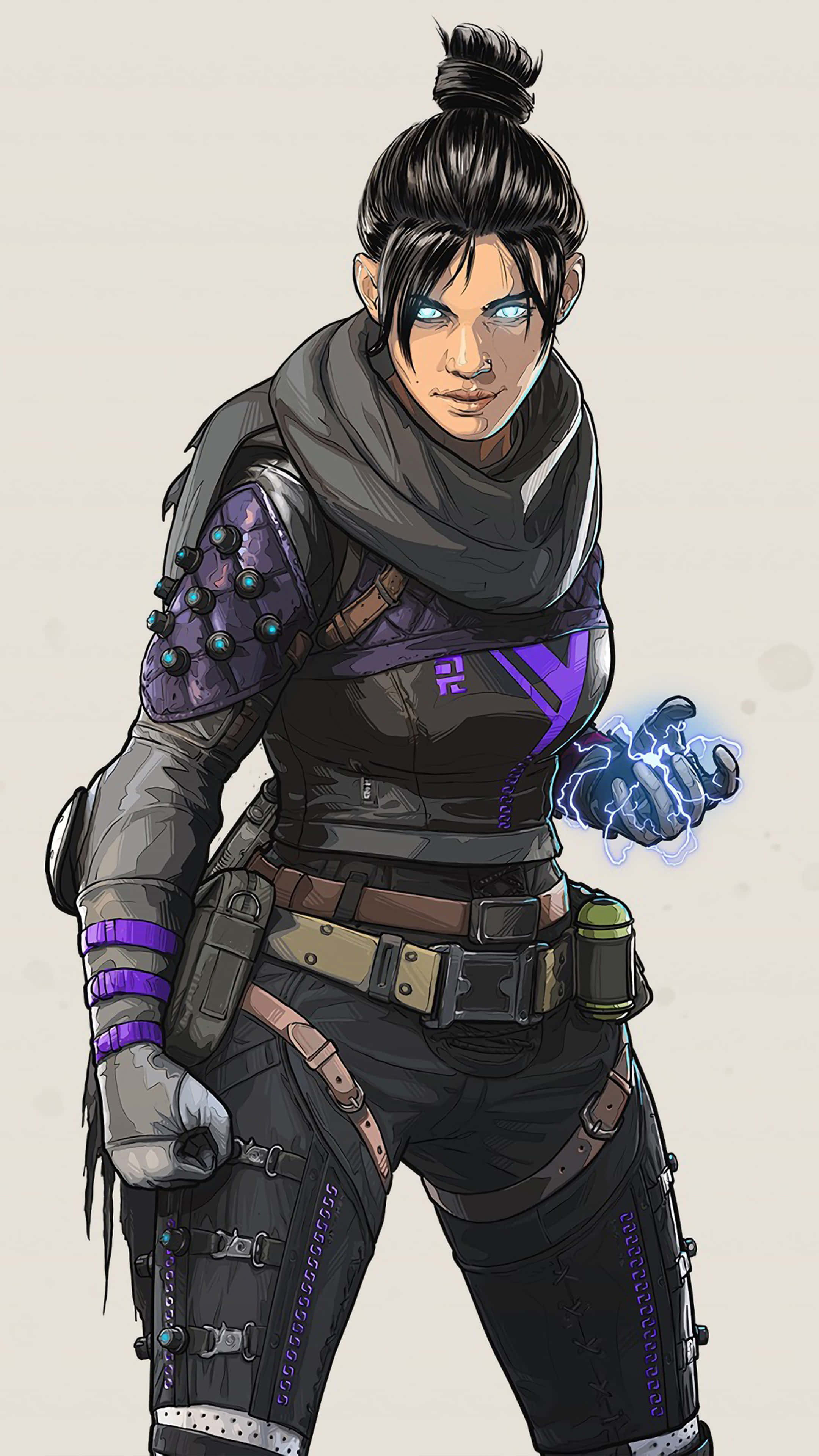 準備好在 Pixel 3 上體驗 Apex Legends 壁紙 — 一位兇猛的女戰士，擁有發光的藍色眼睛和從手中噼啪作響的紫色能量，穿著戰術裝備站在純色背景前。