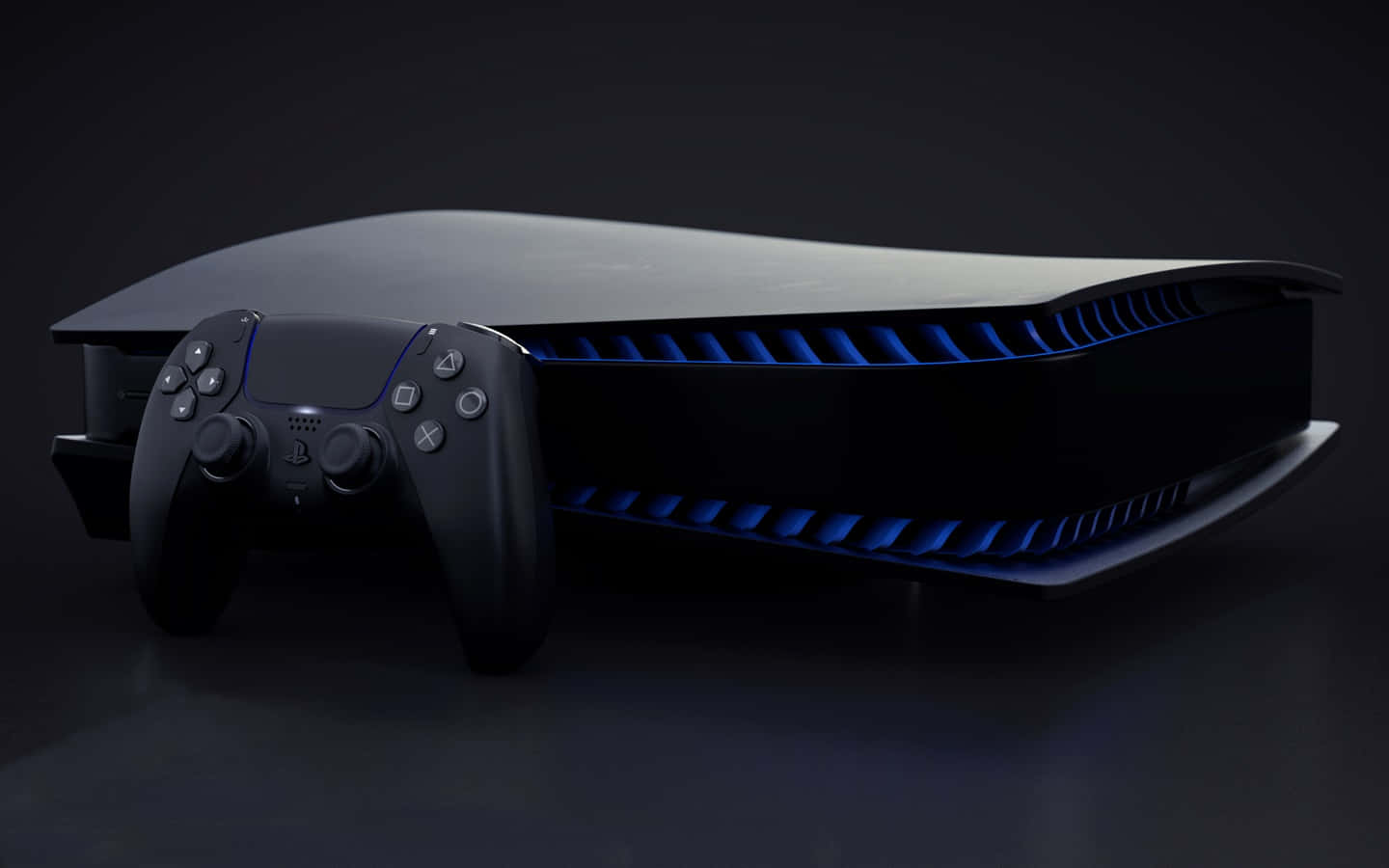 黑色PlayStation 5主機，帶有藍色燈光和控制器，置於深色背景上