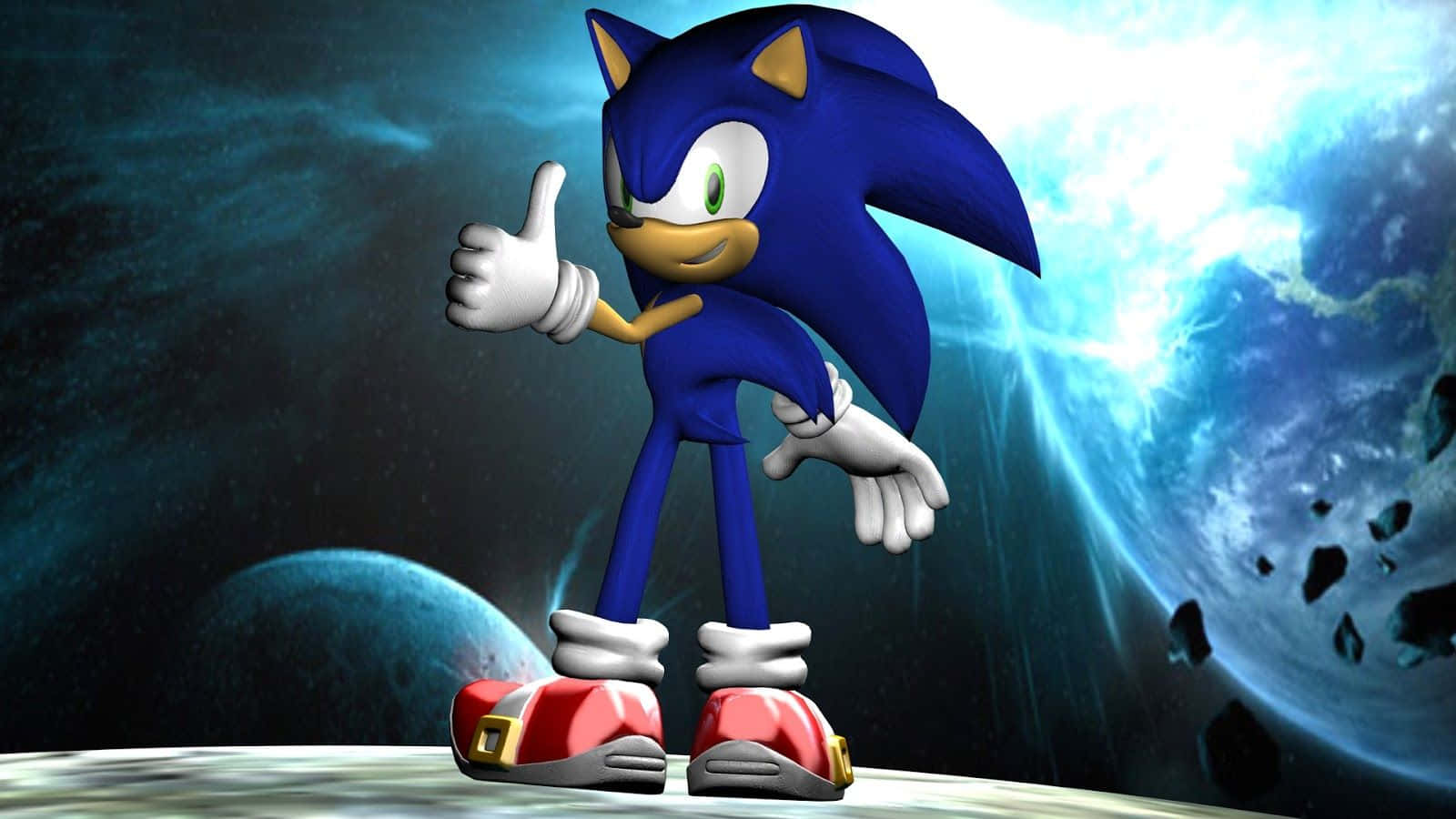 Sonic the Hedgehog 在外太空豎起大拇指，周圍有行星和小行星。