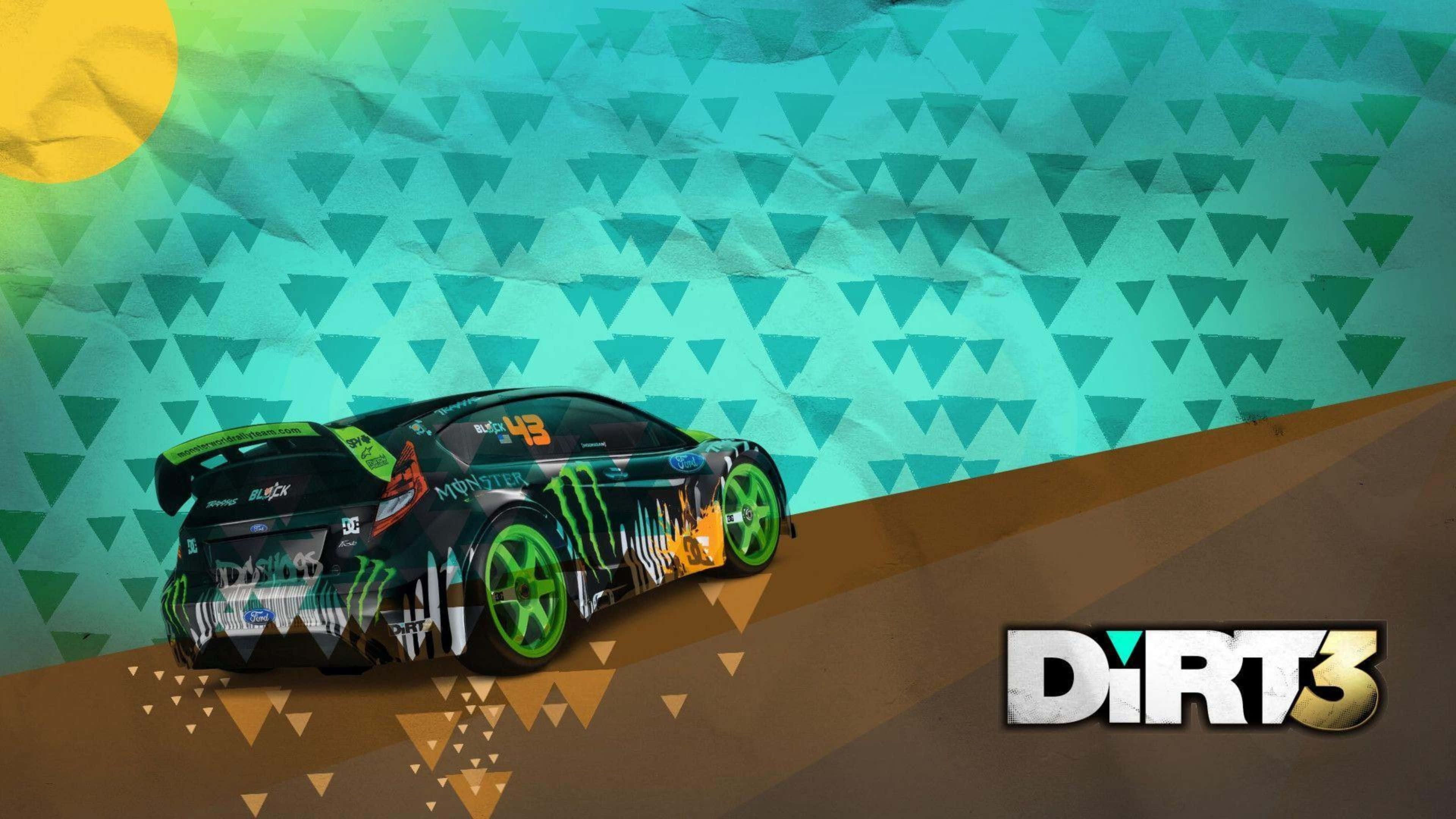 準備好在4K《DiRT 3》中競速吧！ 壁紙 — 一輛帶有Monster Energy貼紙的綠色和黑色拉力賽車，在黃色太陽下，以青綠色三角形圖案天空為背景，在風格化的泥土賽道上飛馳。