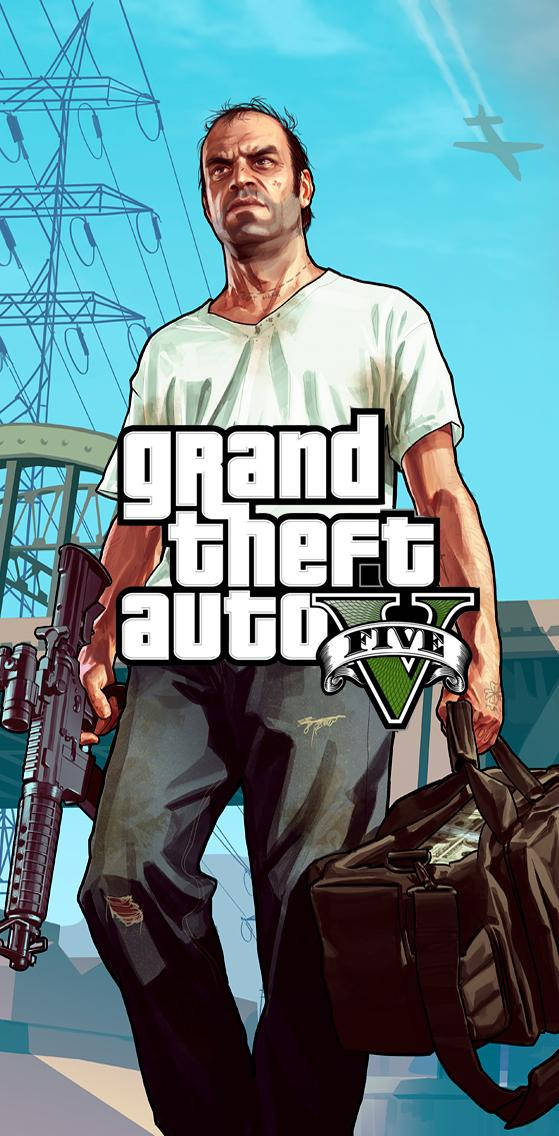 GTA V主角在城市環境中手持步槍和袋子