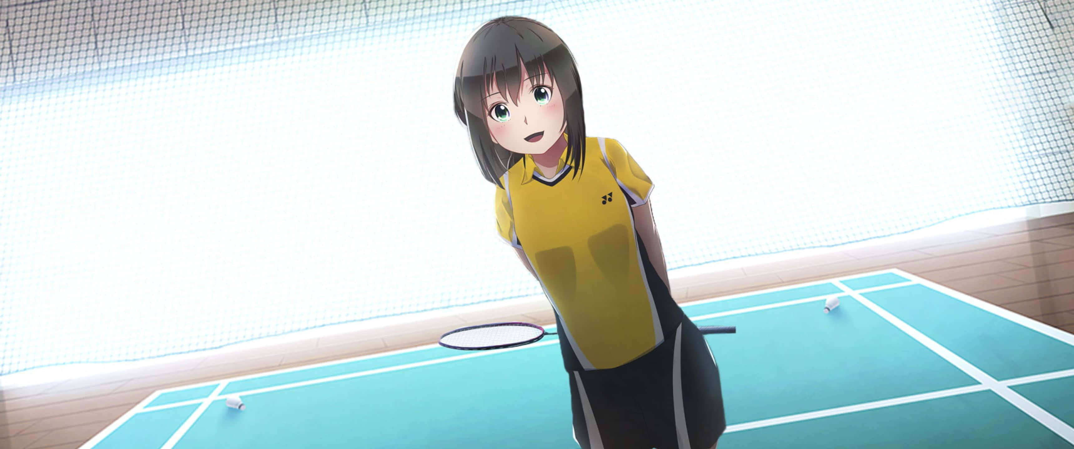 準備好在羽毛球賽場上大放異彩 壁紙 — 動漫女孩身穿黃色網球服，在室內球場上準備就緒，手持球拍，光線明亮。