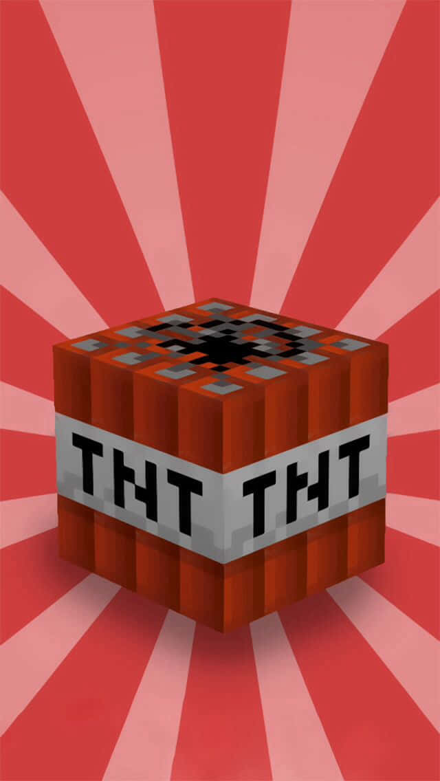 像素化的Minecraft TNT方塊，帶有紅色和粉紅色的放射狀背景。