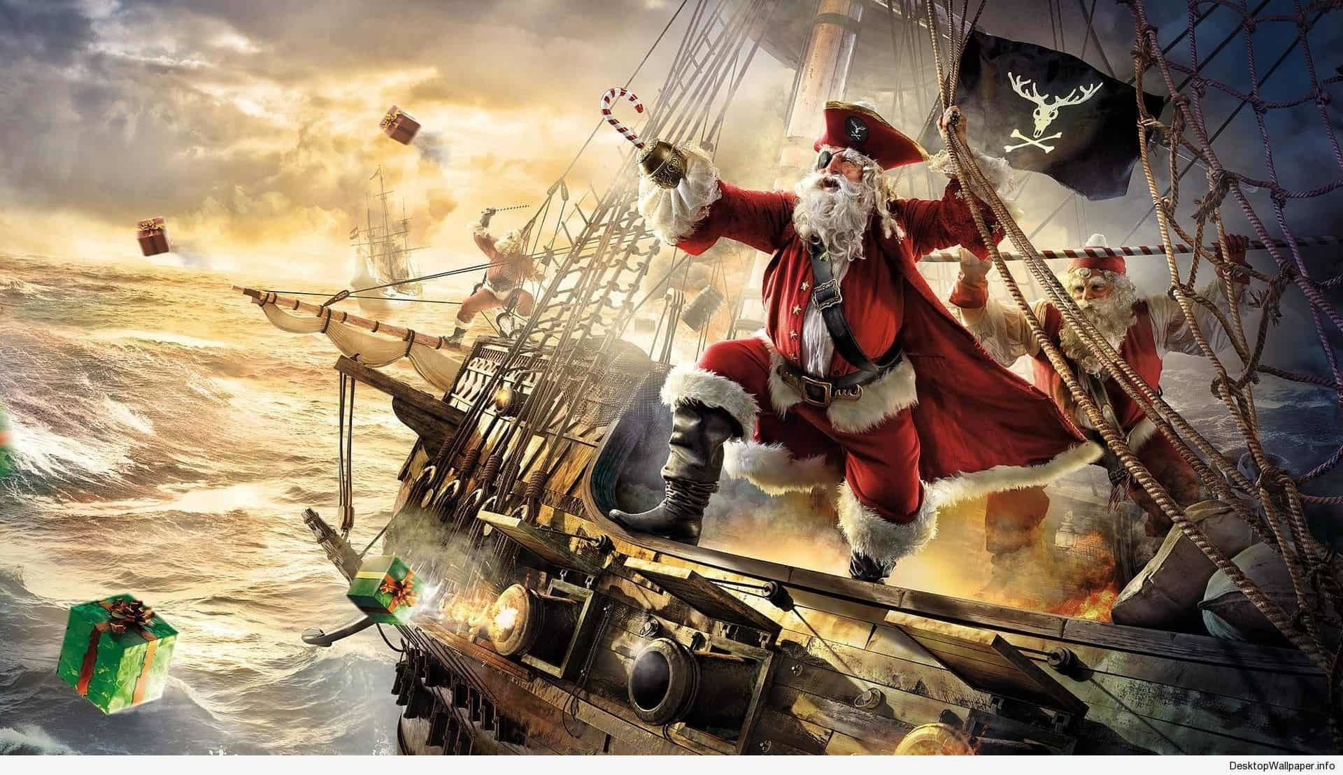 聖誕老人作為海盜船長，在波濤洶湧的大海中駕駛船隻，禮物飛舞。