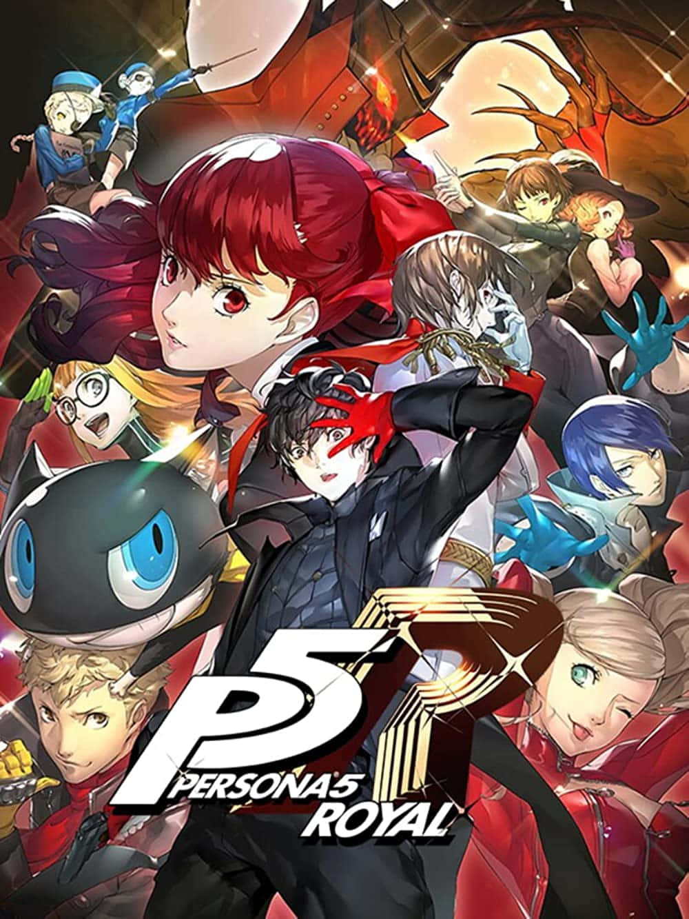 準備好接管東京吧！加入幻影盜竊團！ 壁紙 — 《女神異聞錄5 皇家版》的動態動畫海報，中央有一位紅髮女孩，多個角色以戲劇性姿勢呈現，帶有發光效果。