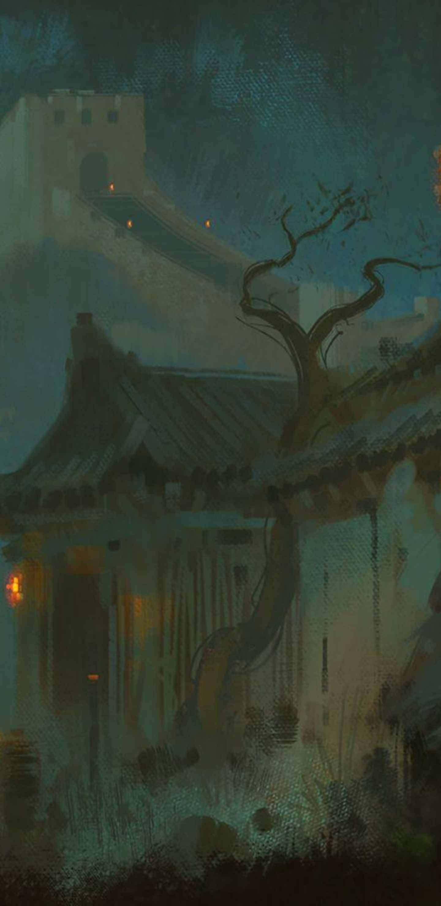 準備好玩《Pixel 3xl 文明：地球之外》了嗎？ 壁紙 — 一幅充滿氣氛的水彩畫，描繪一棵孤獨的扭曲樹木，旁邊是古老的瓦片屋頂，在深藍綠色的夜空下，遠處有發光的燈籠。