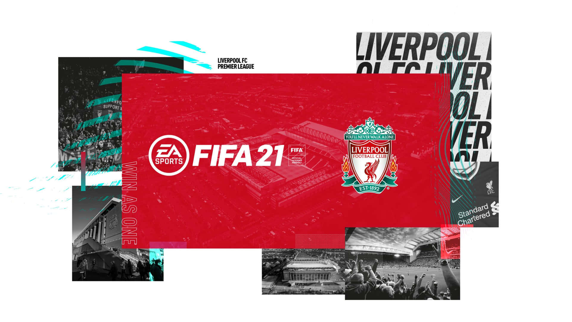 FIFA 21 遊戲封面，帶有利物浦FC品牌同球場視覺。