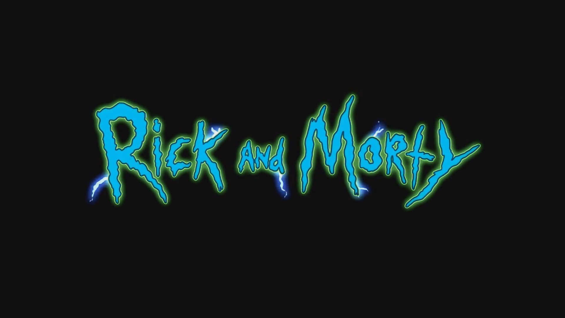 發光藍色霓虹的Rick and Morty標誌，帶有電火花，背景為黑色。