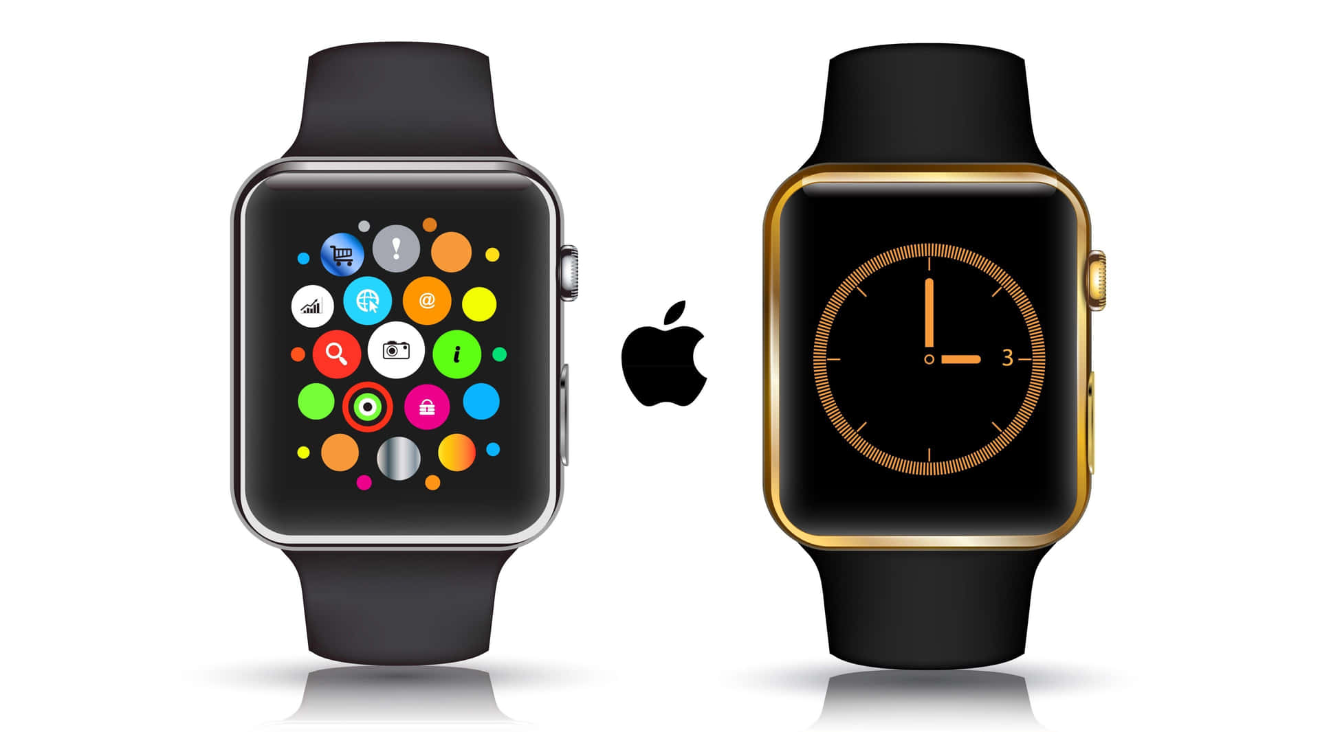 兩隻Apple Watch，一隻顯示彩色應用程式圖示，另一隻顯示金色模擬時鐘面。