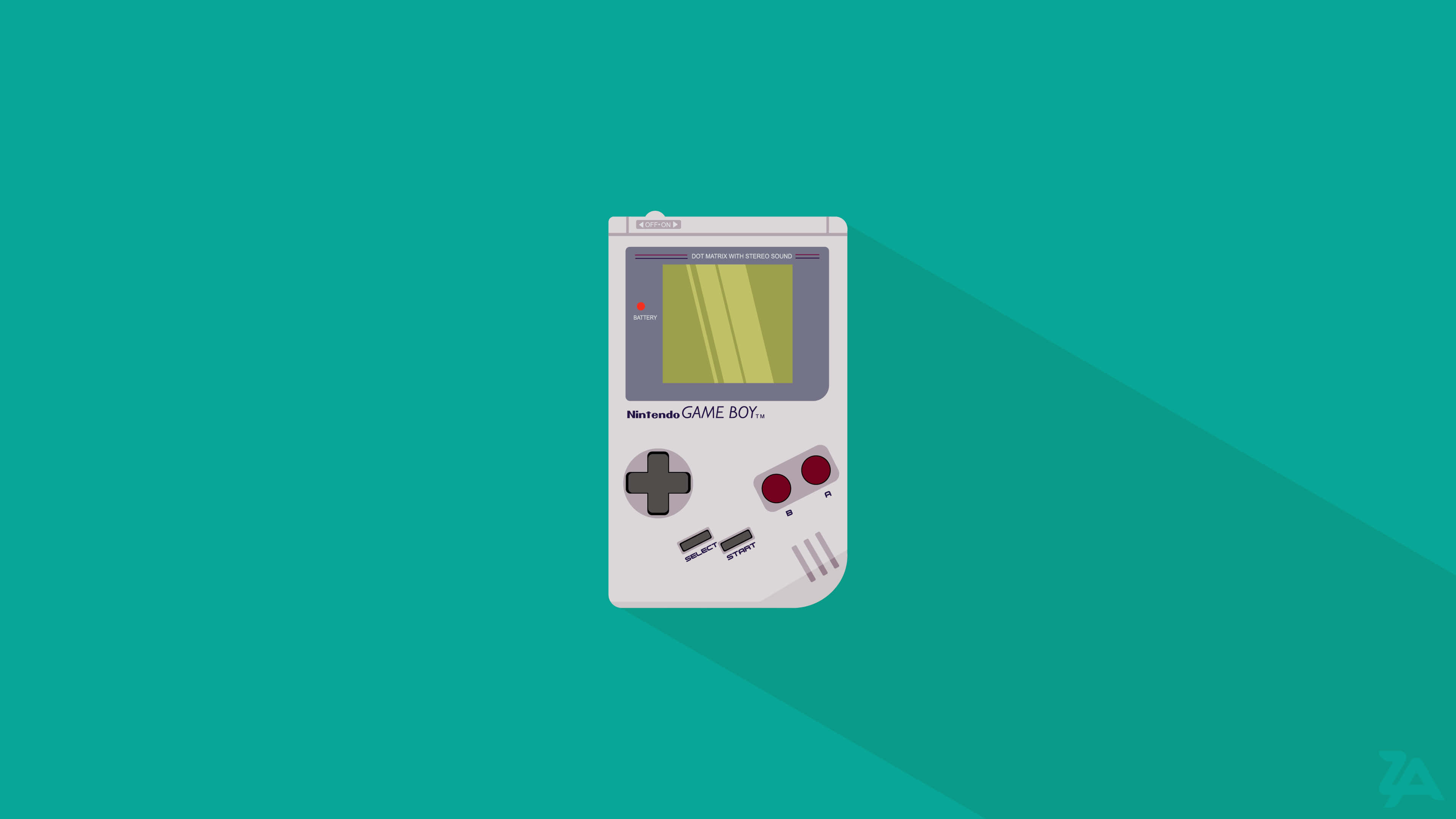 準備好用這款精彩遊戲背景開始遊戲吧！ 壁紙 — 一部白色任天堂Game Boy，紅色按鈕，在純青色背景上投下長長的影子。