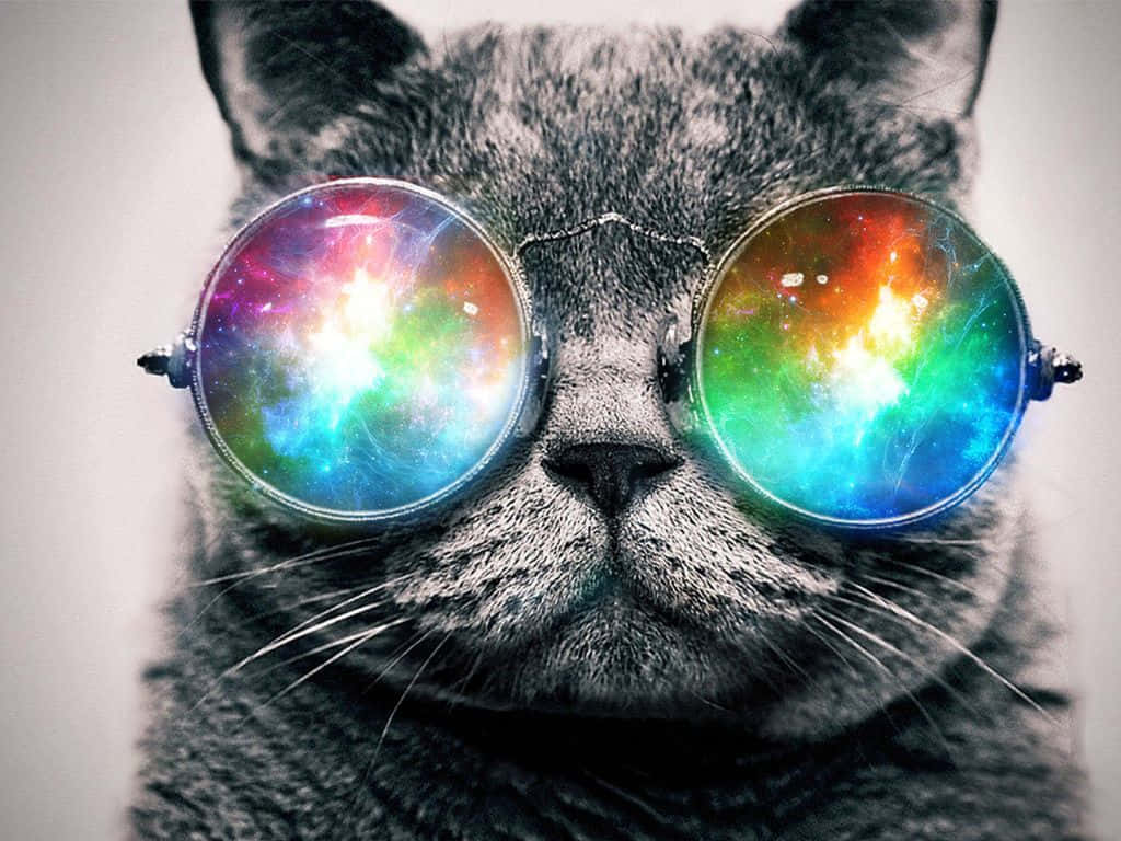 灰色貓咪戴眼鏡，鏡中有宇宙星雲倒影。