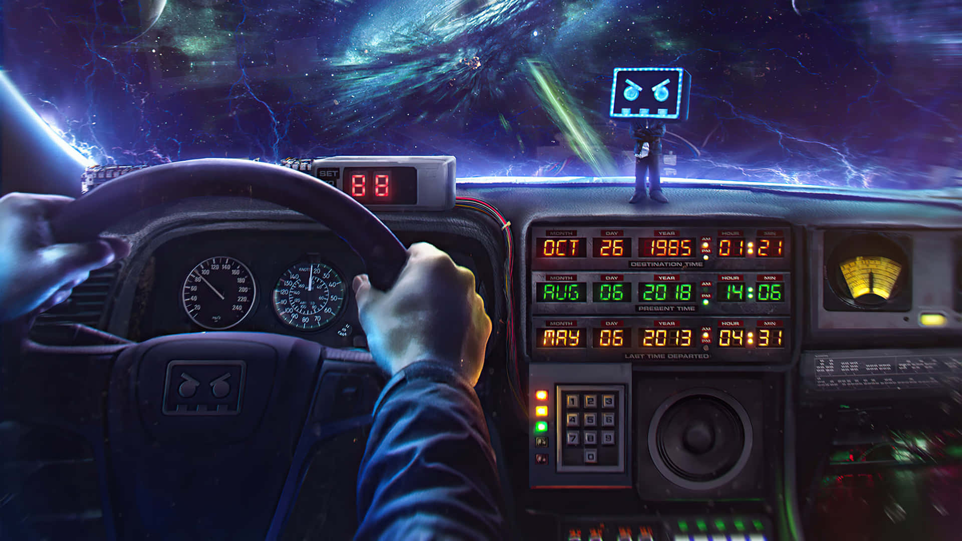 手放在科幻汽車儀表板內的方向盤上，發光顯示屏和宇宙景觀。 — 回到未來 GIF 壁紙