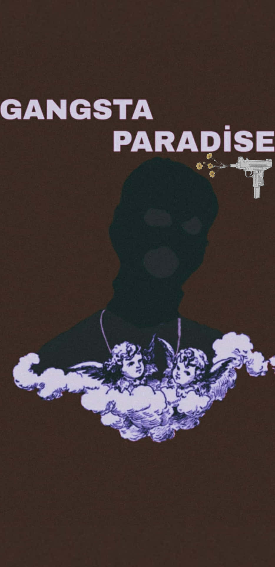 一個戴著面具嘅人物揸住槍指向雲中嘅小天使，上面有 'GANGSTA PARADISE' 字樣。