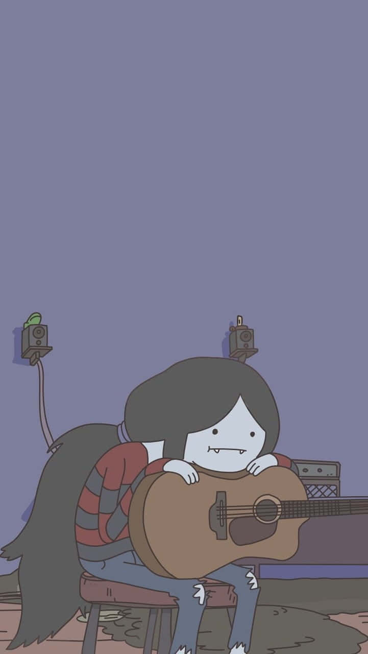卡通人物在紫色房間彎腰彈木結他