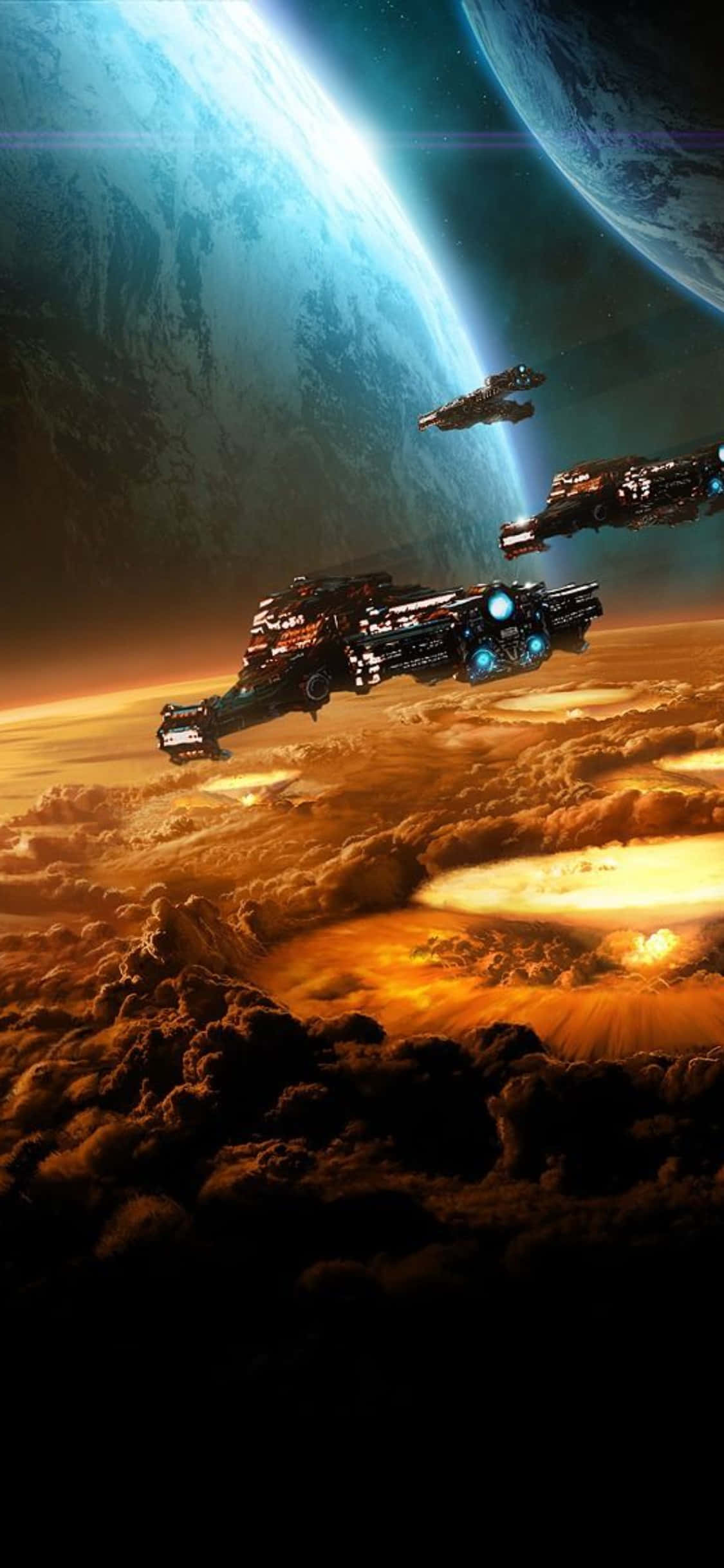 準備好與 iPhone X 和《星海爭霸 II》一決高下 壁紙 — 未來戰艦在星球發光的橙色雲層上方翱翔，兩顆巨大的藍色行星在宇宙天空中若隱若現。