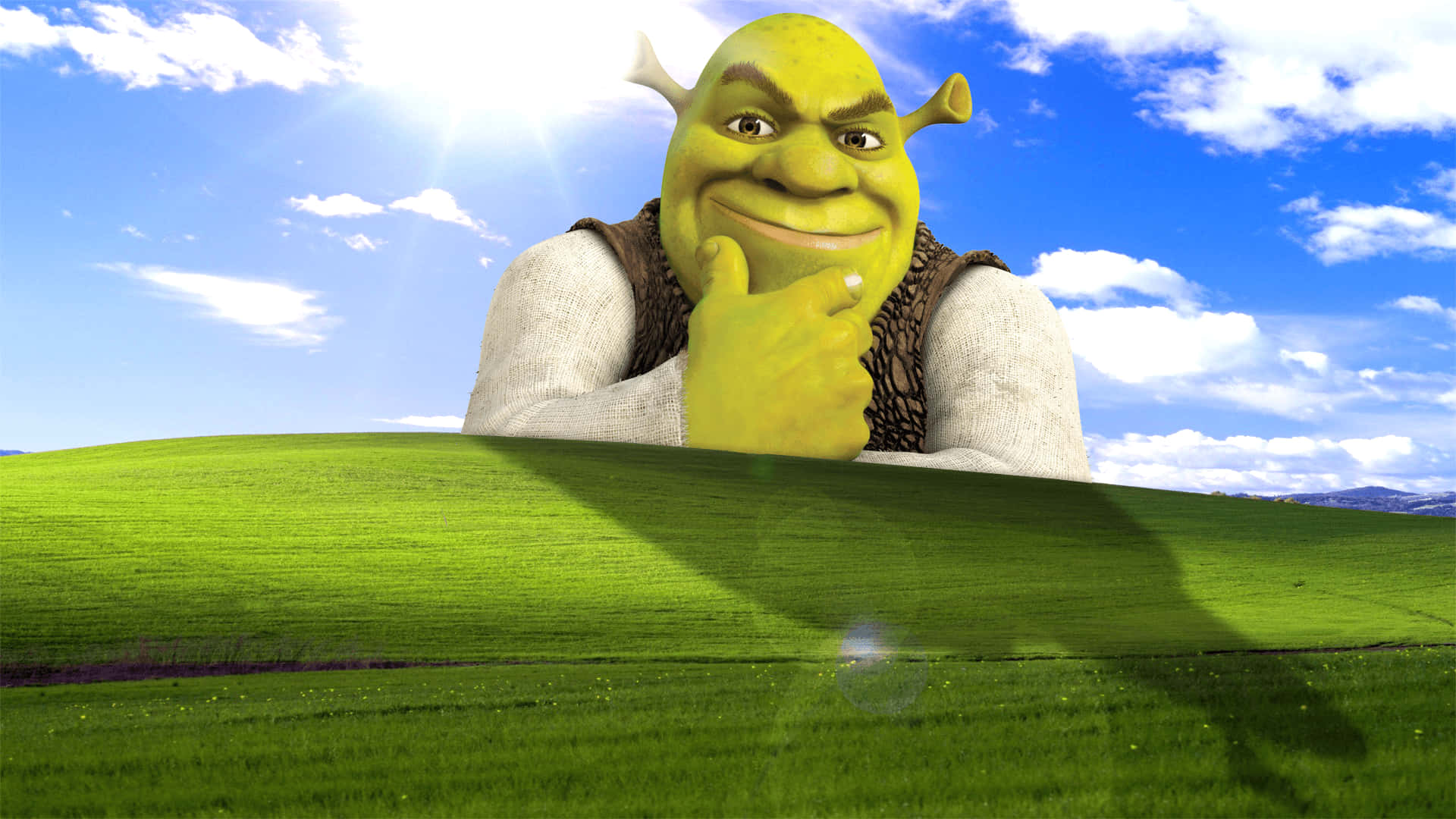 準備好與 Shrek 和他的朋友們一起大笑吧！ 壁紙 — 史力加食人魔喺藍天白雲下，喺草坡後面若有所思咁微笑。