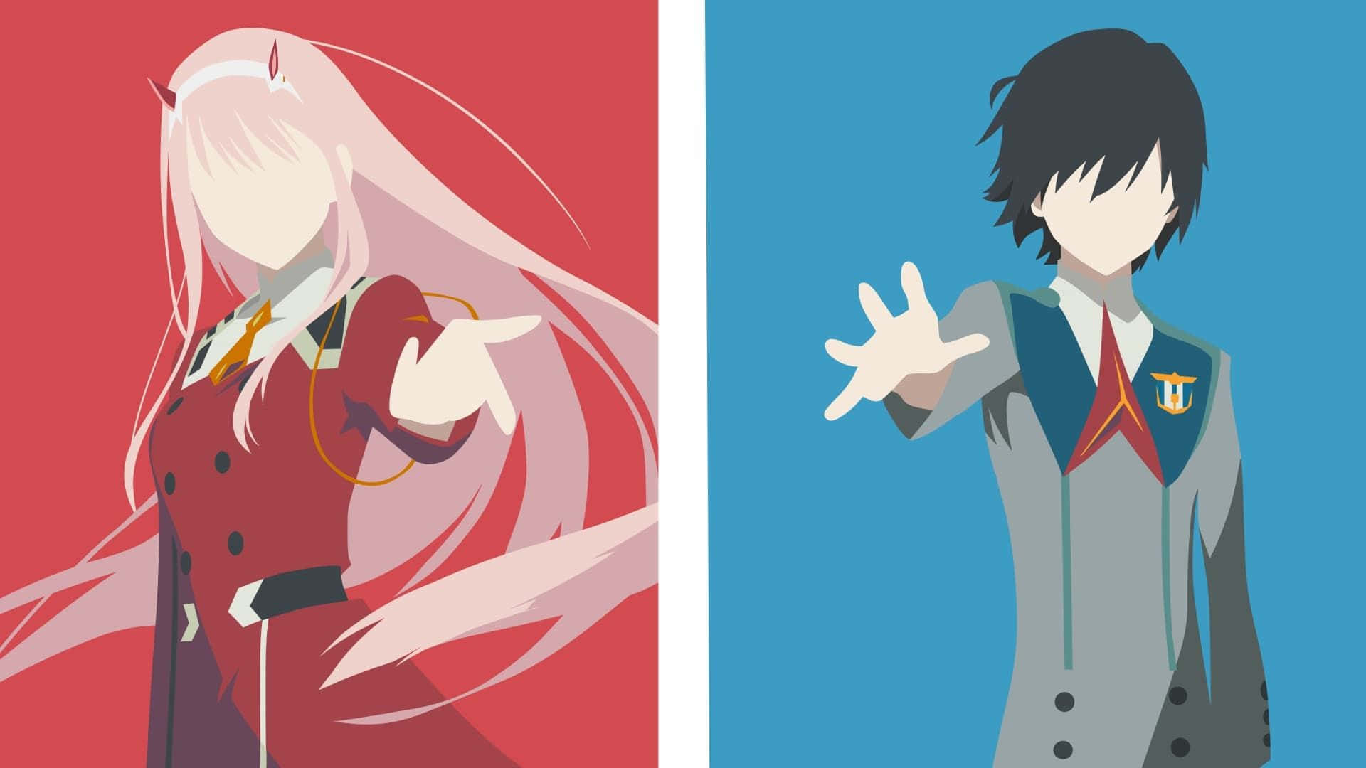 準備好與 Zero Two 與 Hiro 一同踏上冒險之旅吧！ 壁紙 — 兩個動漫角色以風格化姿勢呈現，背景為純紅色和藍色，面部細節極簡。