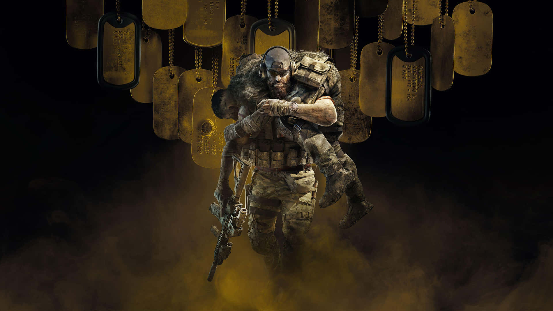 士兵在懸掛的狗牌下於煙霧中背負受傷的戰友。
