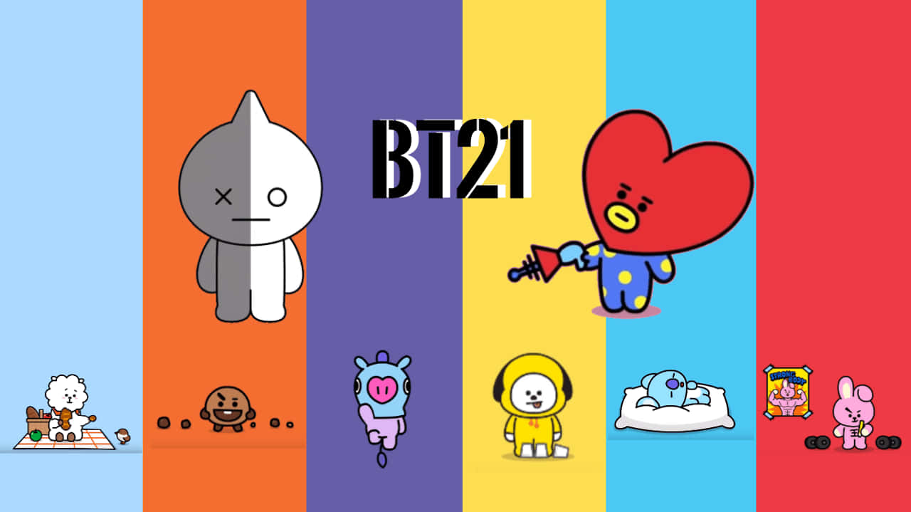 BT21角色，色彩繽紛的垂直條紋，俏皮姿勢。