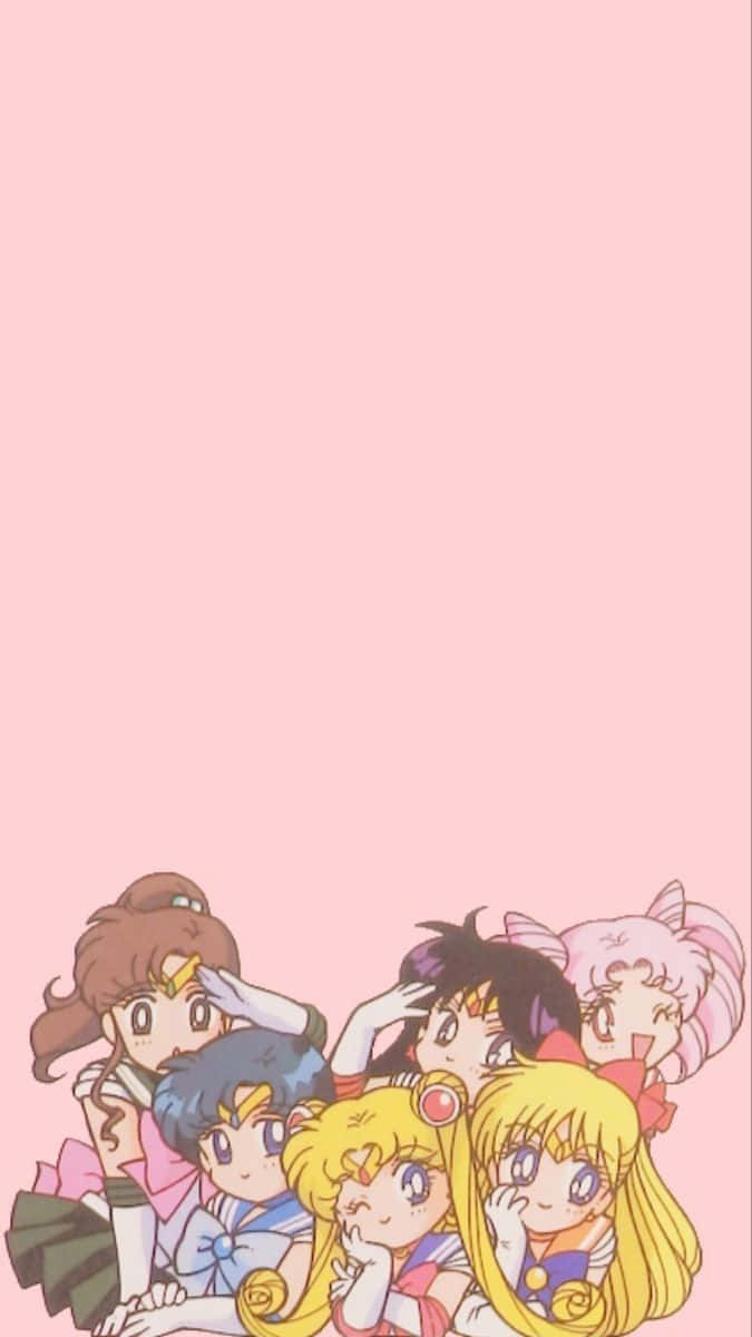 六個美少女戰士動畫角色喺粉紅色背景上擠埋一齊。