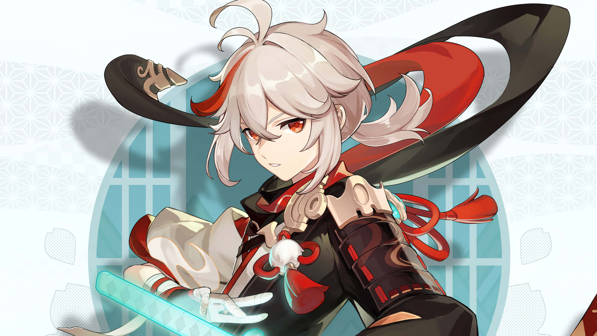銀髮紅眼動漫戰士少女手持發光劍。