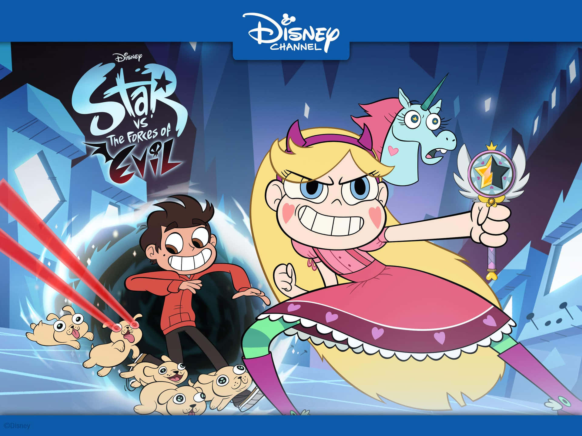 Star 和 Marco 在卡通場景中用激光小狗和魔法杖戰鬥。