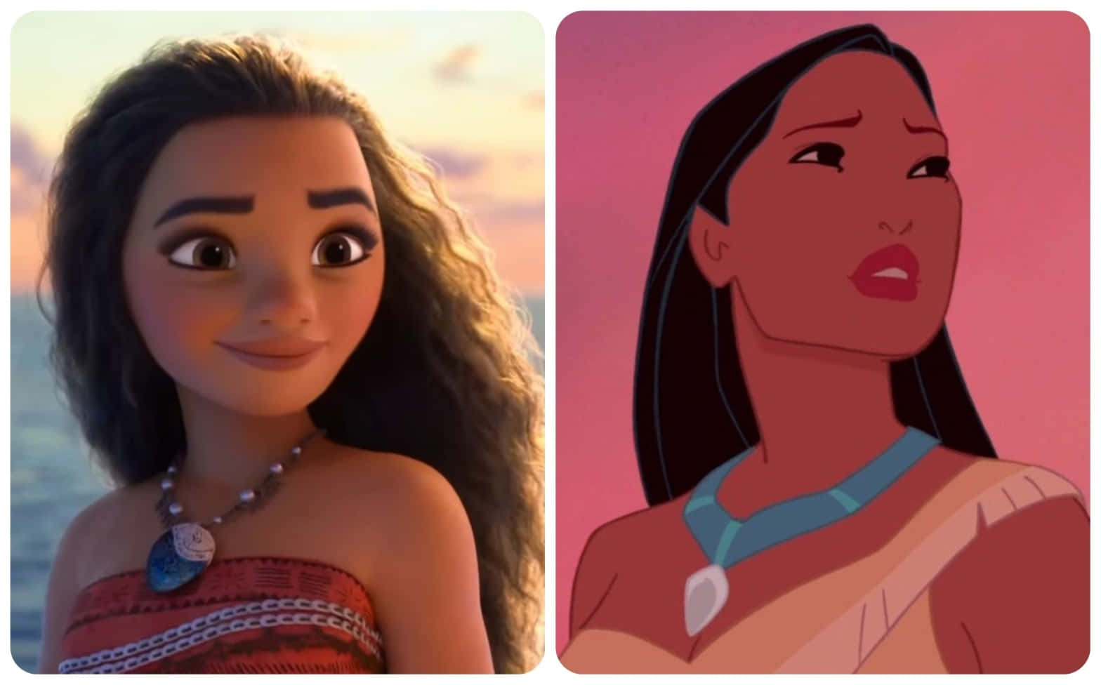 準備好與莫阿娜一起展開魔法冒險吧！ 壁紙 — Moana 以2016年寫實風格和1998年經典動畫風格並排比較，背景為日落。