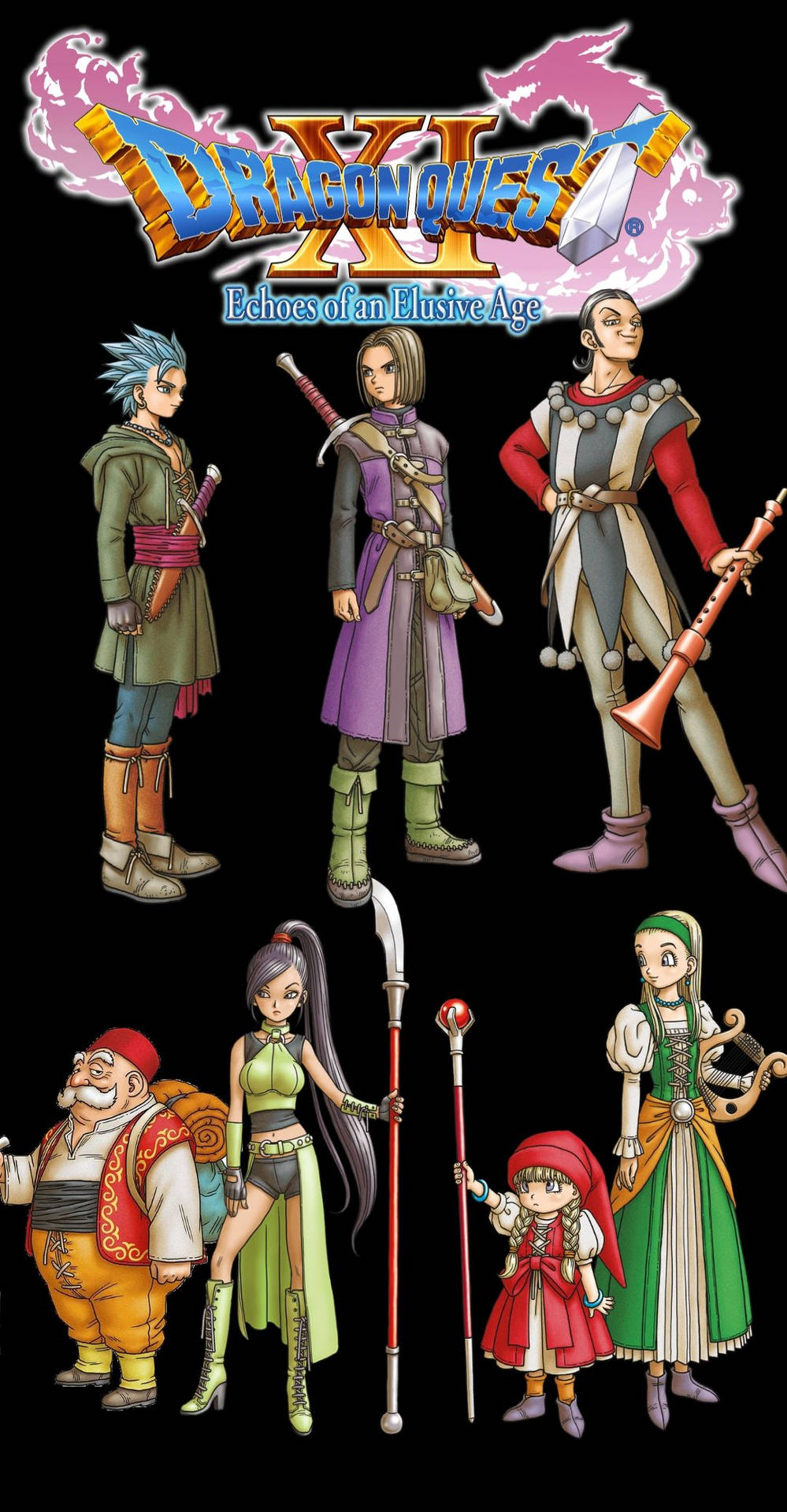 六個《勇者鬥惡龍 XI》角色穿著奇幻服裝為宣傳圖片擺姿勢。