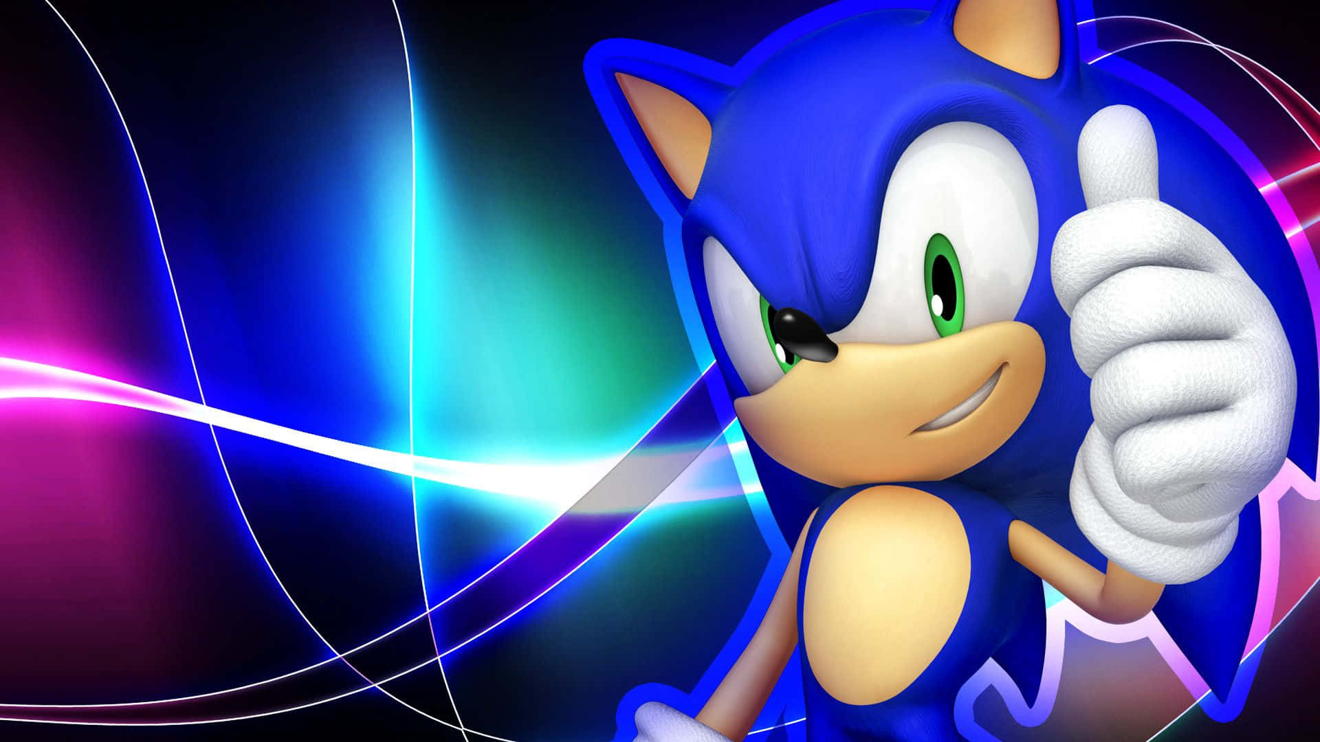 Sonic the Hedgehog 豎起拇指，身後有霓虹條紋。