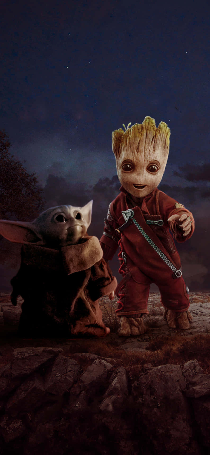 Baby Yoda 和 Groot 站在岩石上，背景是佈滿星星的夜空。