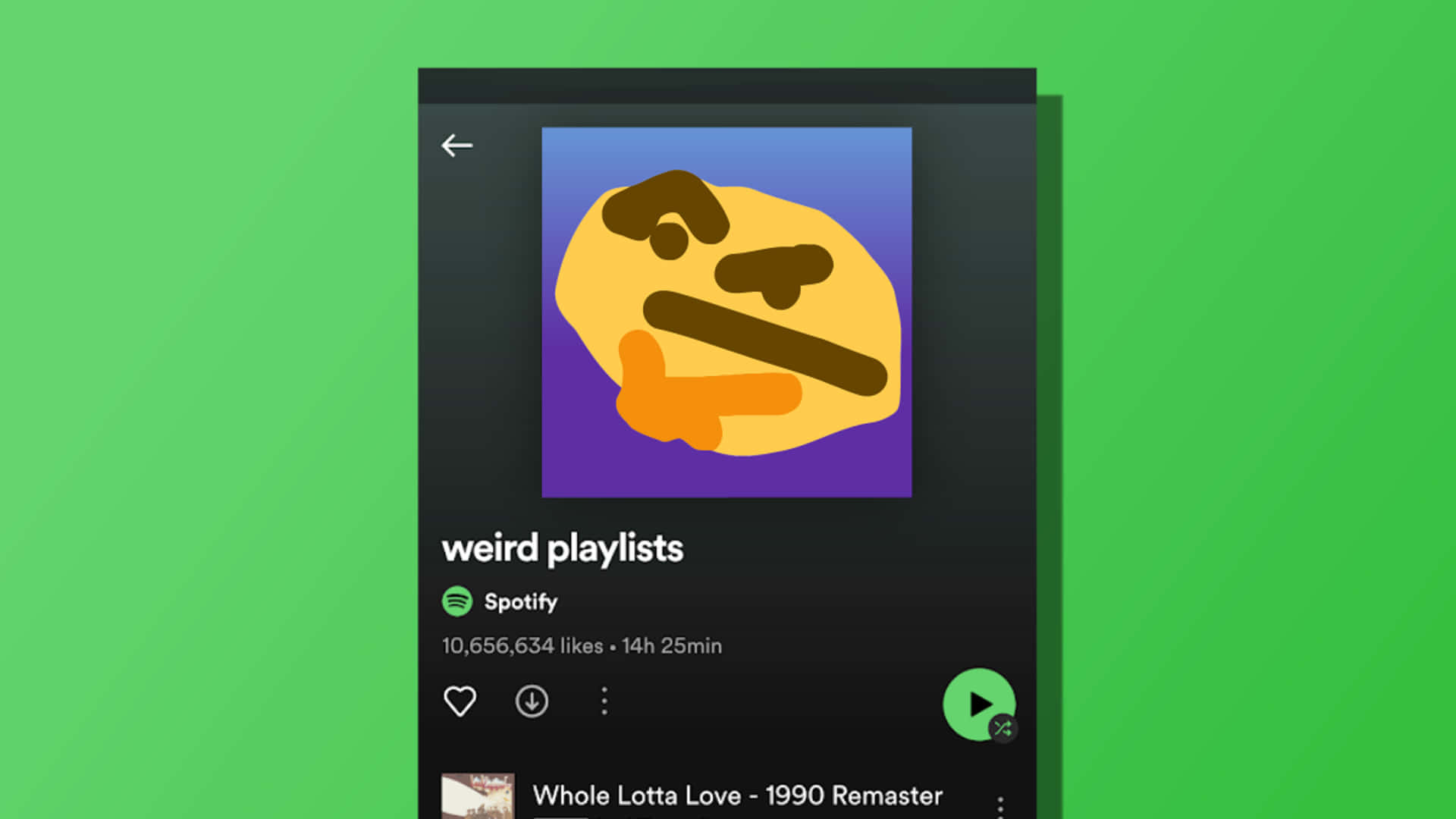 Spotify應用程式畫面，顯示名為weird playlists的播放清單，帶有思考表情符號封面。