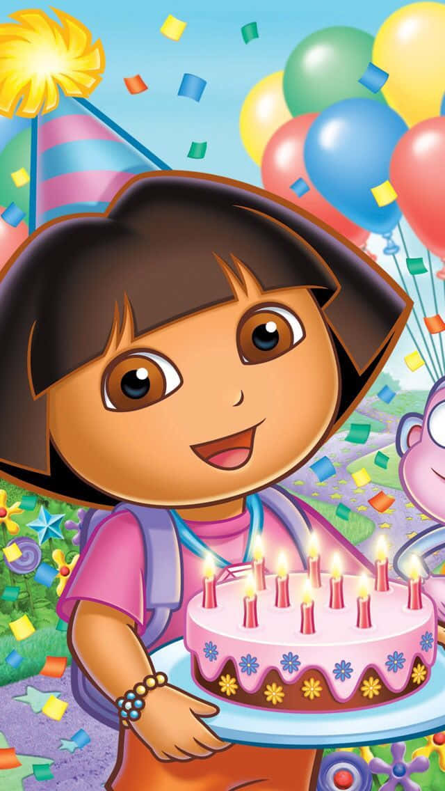 Dora the Explorer 在生日派對上，有蛋糕和氣球。